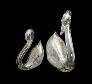 2 Stuart Abelman Art Glass Swans, Signed, 2000, Clear Glass with Blue & White, 10 1/2"h x 8"w & 7