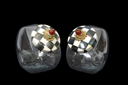 Pair Mackenzie Childs Cookie Jars with Lids, 8"h x 9"w x 5"d