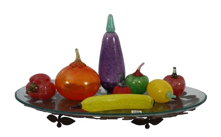 Grouping of 8 signed pieces of Kosta boda fruit On Glass Tray (All good condition) Tallest