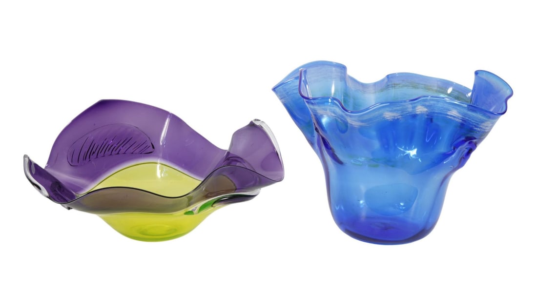 2 large Abstract art glass Bowls, Freeform Purple and yellow signed Simon Moore (8"h x 16"w) AND (1 of 10)