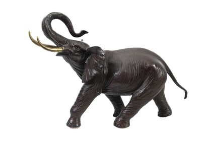 Large Bronze Elephant With Trunk Up, 23" long x 16.5" high x 10" deep