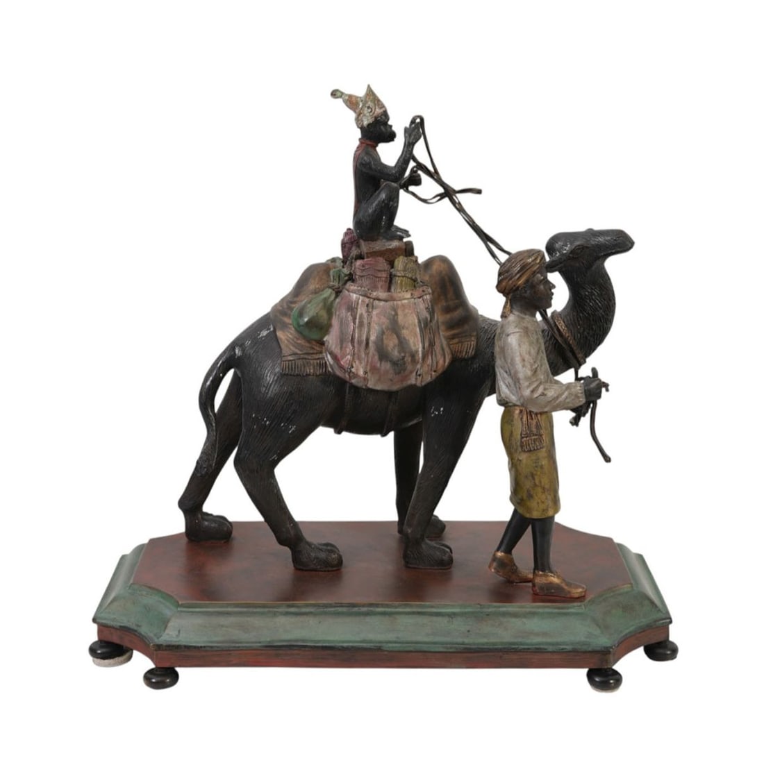 Bronze Painted Camel with Merchant and Monkey Riding at Top, On Platform, 15"H x 16"w x 9"d (1 of 7)
