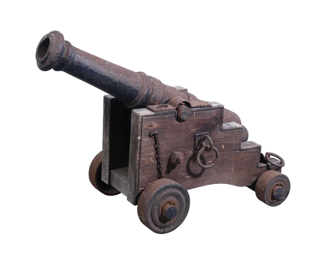 Antique Cannon On Rolling Base, 25"h x 33"w x 17"d: Antique Cannon On Rolling Base, 25"h x 33"w x 17"d