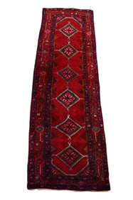 Afghan/Persian Wool Runner, Vibrant Red In Traditional Geometric Tribal Design, 9' x 2'8"