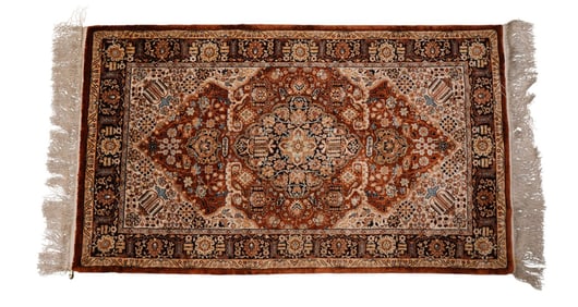 Handmade Chinese Silk Rug, Brown with blue multicolor pattern 3 x 5.2 feet. with 1983 appraisal