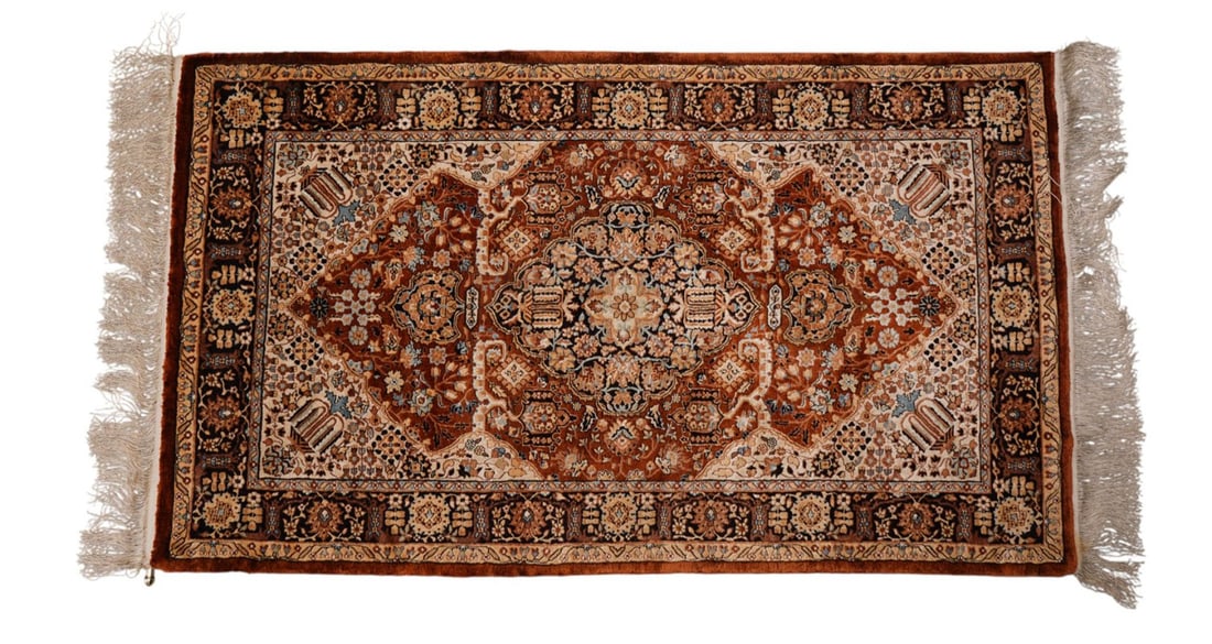Handmade Chinese Silk Rug, Brown with blue multicolor pattern 3 x 5.2 feet. with 1983 appraisal (1 of 7)