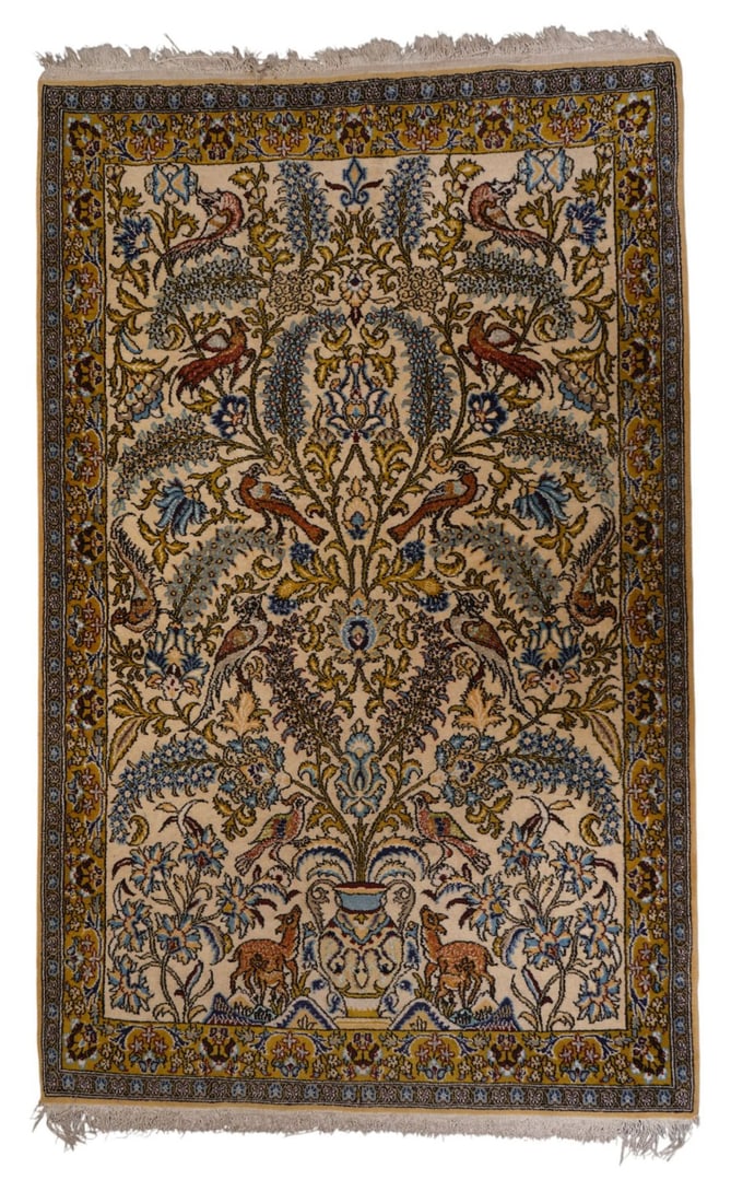 Vintage Persian rug Tree of life floral design with birds, greens and blues coloration 3'4" x 5'3" (1 of 6)