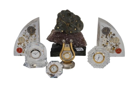 Grouping of Assorted Miniature Clocks, incl; One Baccarat, Lucite Bookends With interesting