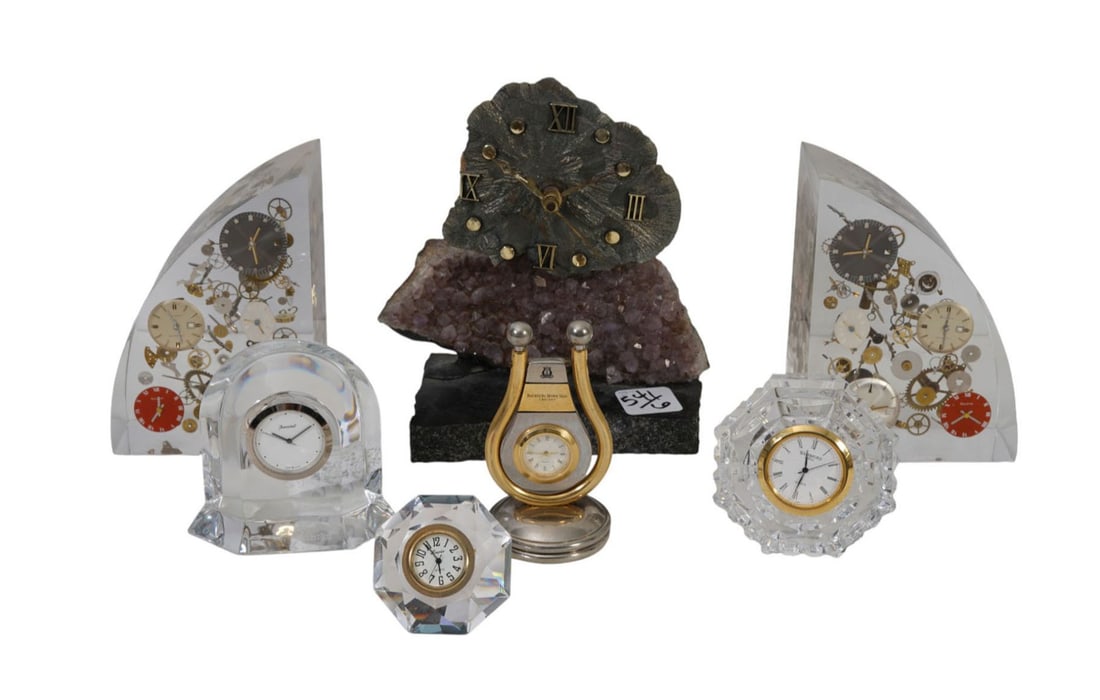 Grouping of Assorted Miniature Clocks, incl; One Baccarat, Lucite Bookends With interesting (1 of 11)
