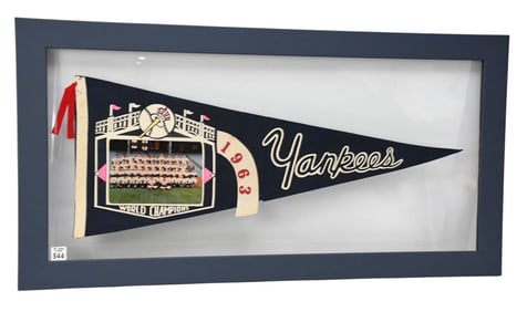Framed Vintage 1963 New York Yankees Champs Photo Pennant 30x12 inches.
