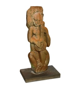 Large Weathered Stone Carving of Seated figure playing instrument, Carving Size  44" high x 15" wide