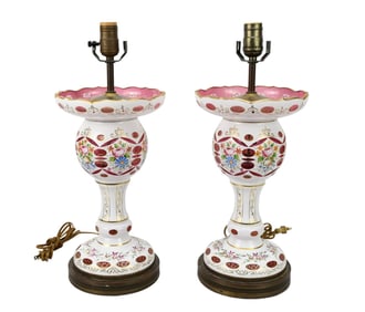 Pair Bohemian Cranberry Cut Glass Lamps, 18"h x 8"dia top of socket