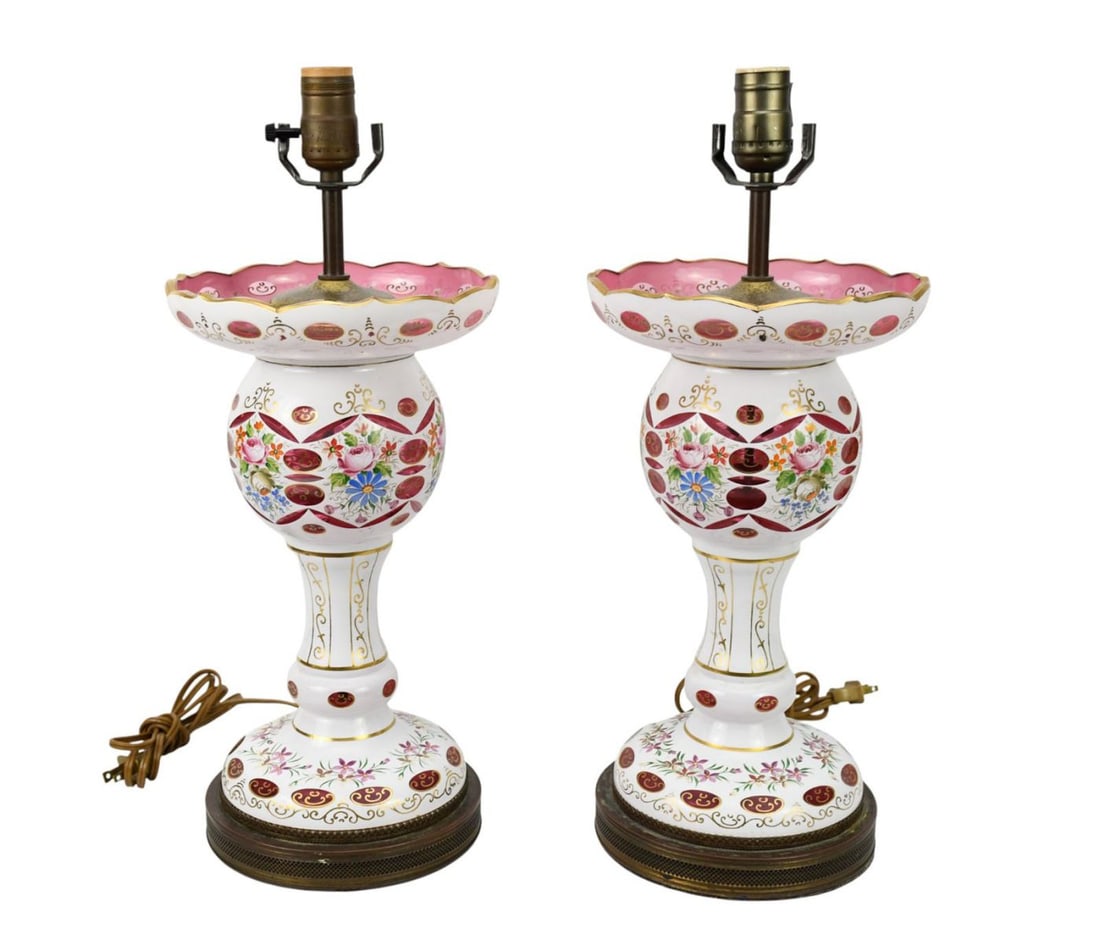 Pair Bohemian Cranberry Cut Glass Lamps, 18"h x 8"dia top of socket: Pair Bohemian Cranberry Cut Glass Lamps, 18"h x 8"dia top of socket