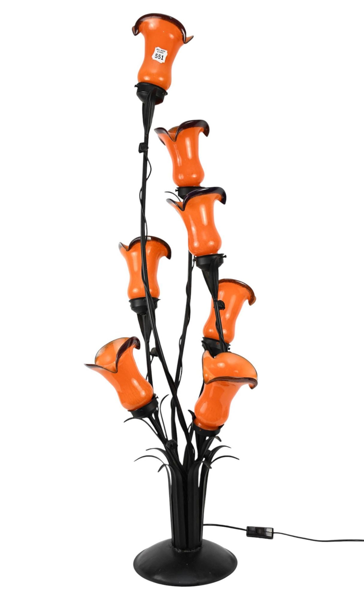 Decorative Metal Floor/Table Lamp, 7 Orange Bell Flower Form Art Glass Shades, 45"h x 16"w x 16"d (1 of 4)