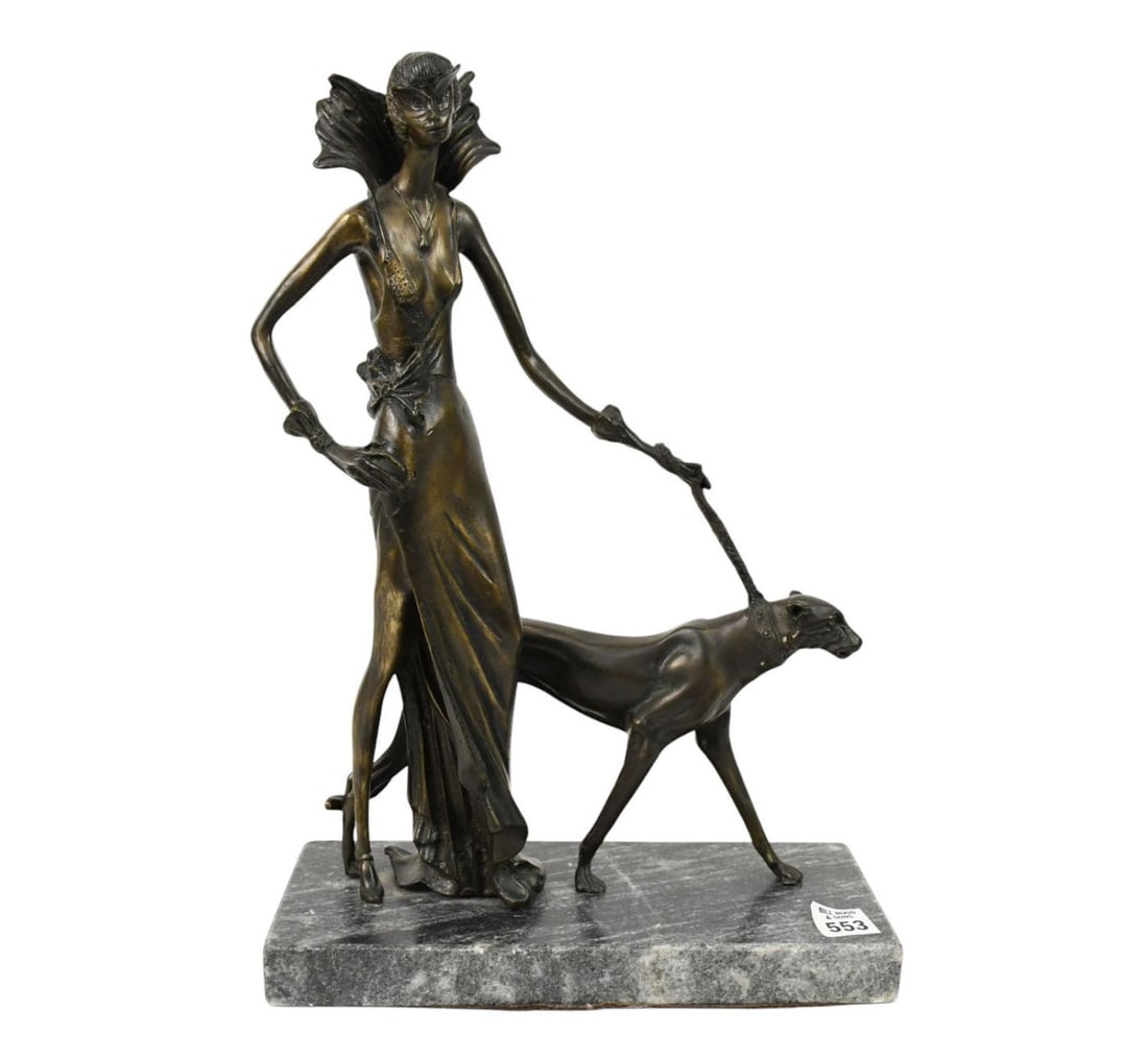 After Chiparus, Bronze Art Deco Style Female Walking Dog on Marble Base "Masquerade", 16"h x 11"w x (1 of 5)