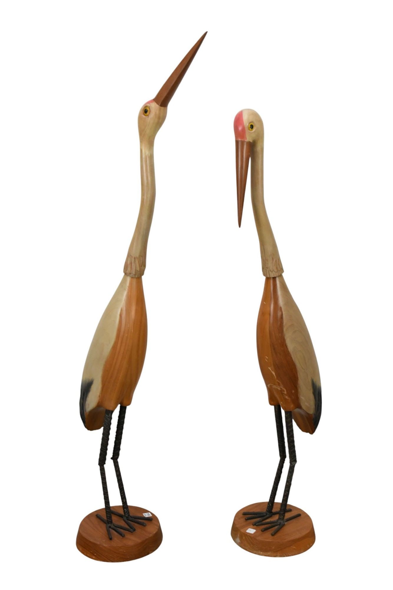 Pair of Large Hand Carved Wood & Rebar Bird Sculptures, 64"h x 11"dia base (Comes apart in 3: Pair of Large Hand Carved Wood & Rebar Bird Sculptures, 64"h x 11"dia base (Comes apart in 3 sections)