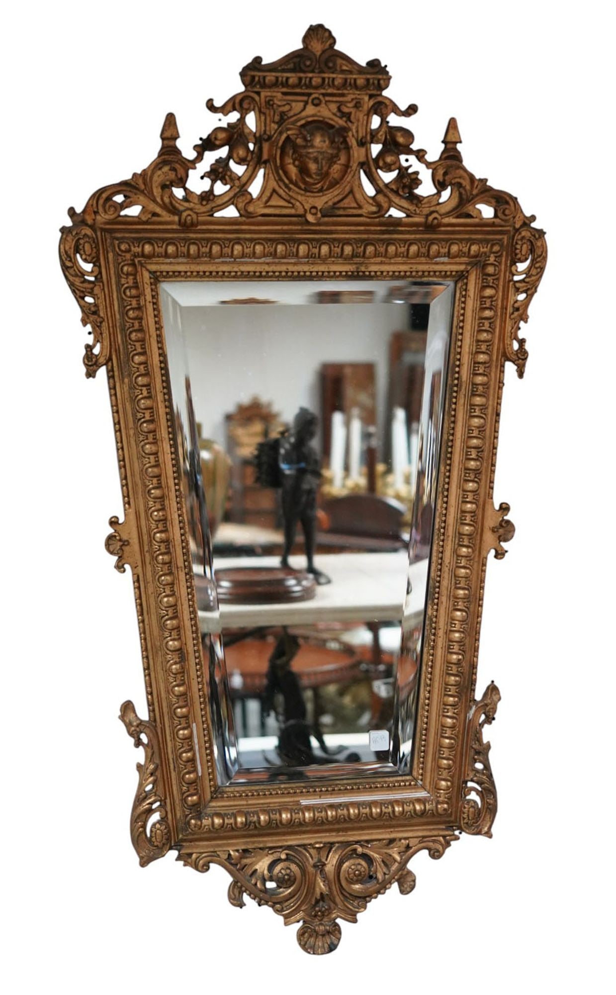 Gilded Beveled Mirror, Rare Form with Scrolling & Mercury Head at Crest, 46"h x 19"w: Gilded Beveled Mirror, Rare Form with Scrolling & Mercury Head at Crest, 46"h x 19"w