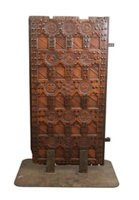 18/19th c. Indonesian Door, Carved Medallions & Custom Iron Base, 73"h x 37"w