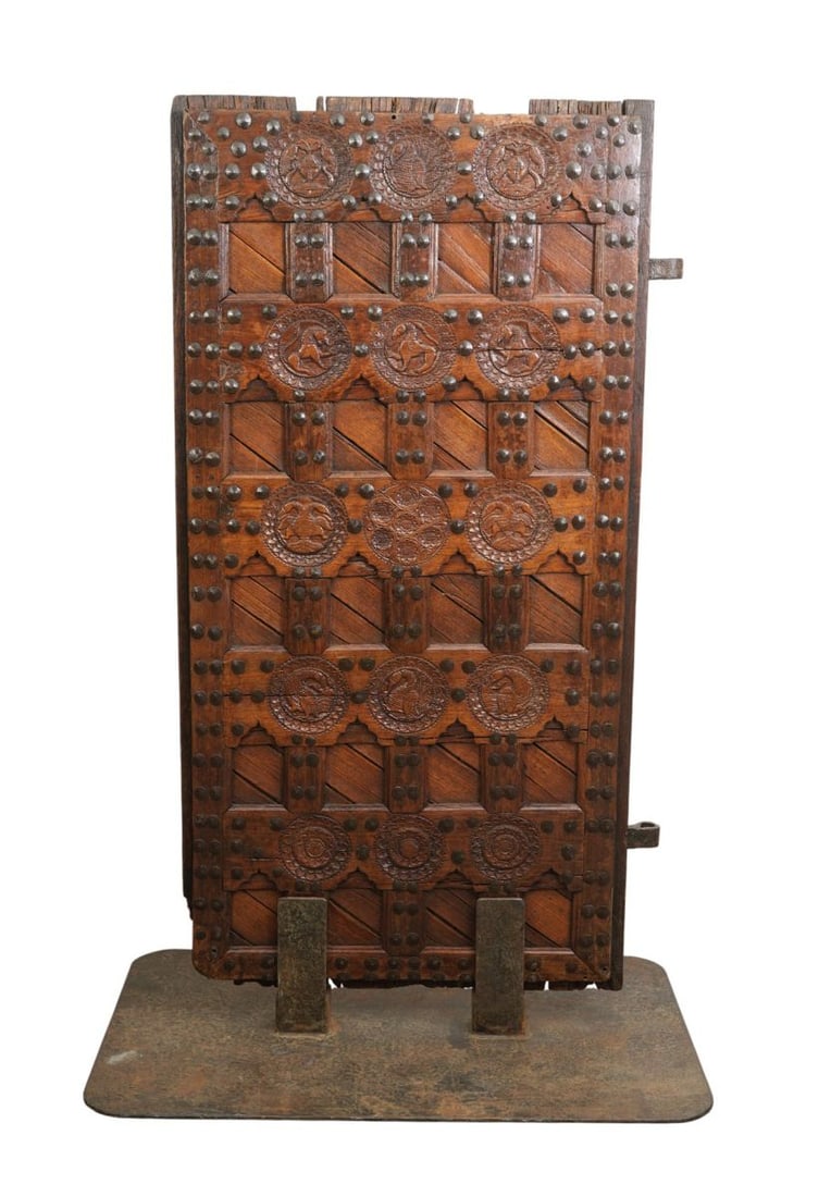 18/19th c. Indonesian Door, Carved Medallions & Custom Iron Base, 73"h x 37"w (1 of 15)