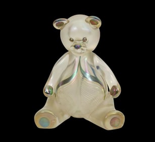 Stuart Abelman Champange pulled feather art glass teddy bear paperweight 6.5" high x 5" wide x 3.25"