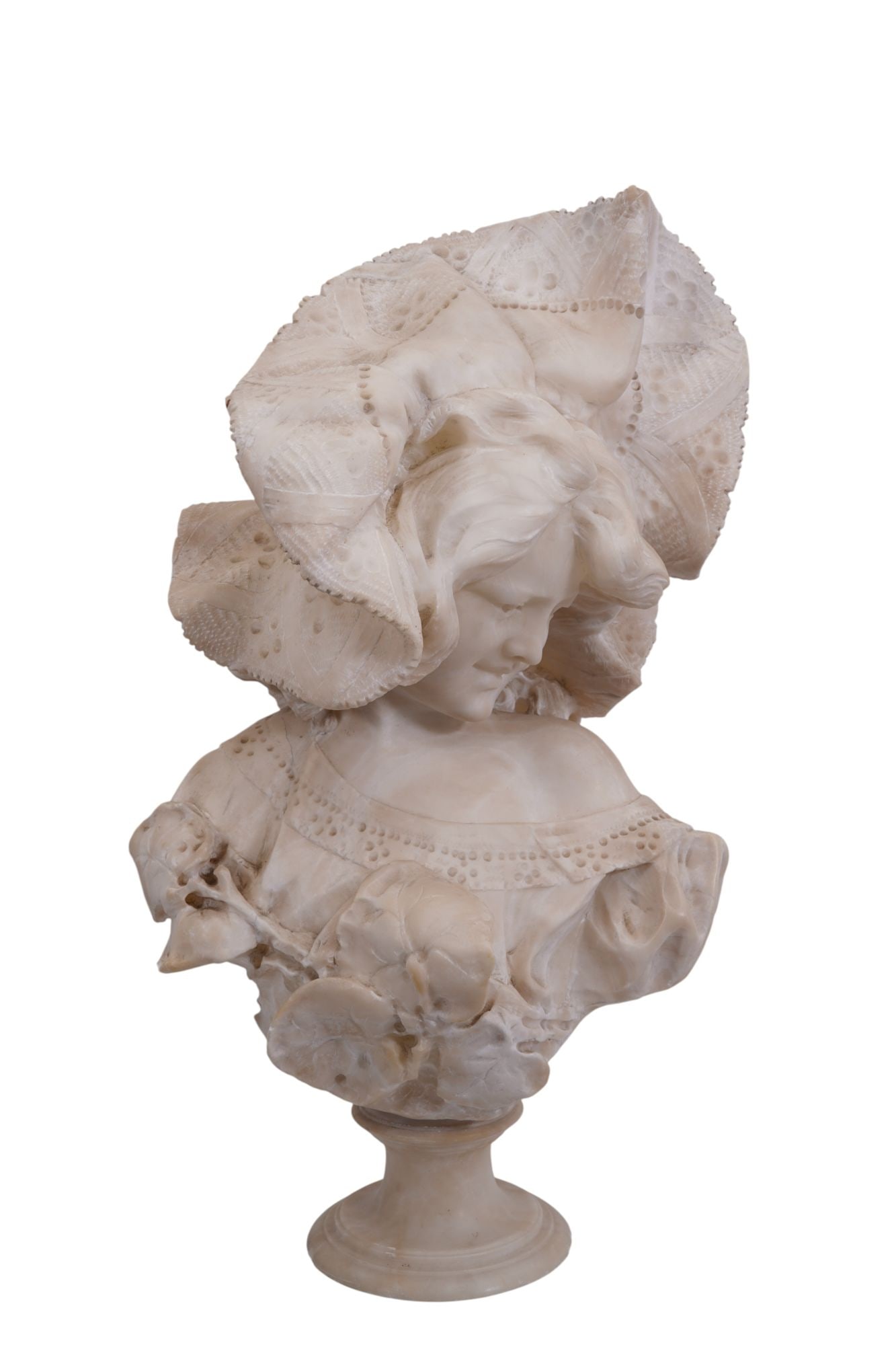 Alabaster Bust of Young Female with Fancy Hat, Italian, No Apparent Signature, 25"h x 14"w x 11"d (1 of 10)