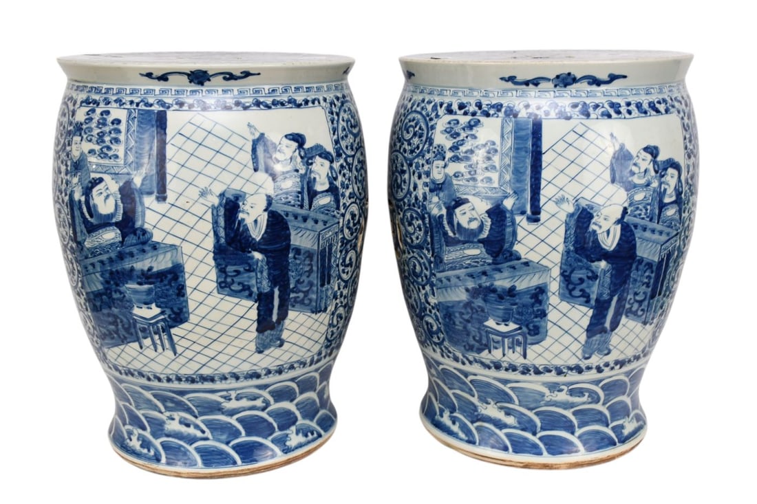 Pair of Chinese Motif Blue & White Unusual Shaped Garden Seats, Possibly Resembling Auction Scenes, (1 of 12)