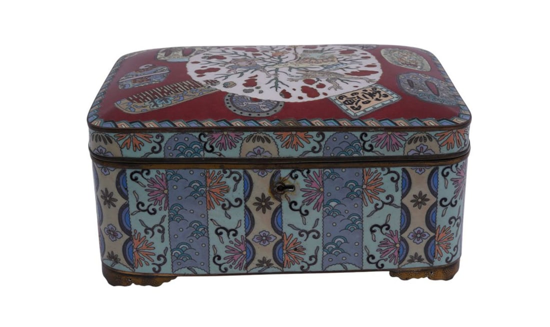 Cloisonne Hinged Box, Red Ground with Frogs in White Center Medallion on Lid, Pastel Colors on: Cloisonne Hinged Box, Red Ground with Frogs in White Center Medallion on Lid, Pastel Colors on Sides, 4 1/2"h x 9 1/2"w x 7 1/2"d