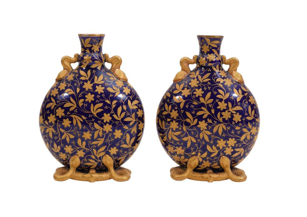 Pair Small Porcelain Worcester Bud Vases, Cobalt Blue with Gilded Accents & Coiling Snakes At: Pair Small Porcelain Worcester Bud Vases, Cobalt Blue with Gilded Accents & Coiling Snakes At Handles & Bases, 6"h x 5"w
