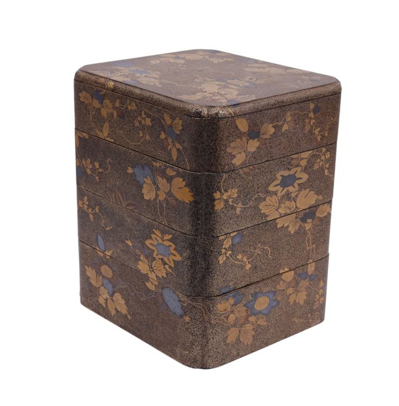 Japanese Lacquered Storage Box in 4 Sections, 9"H x 7 1/4"w x 6 1/2"d (1 of 11)