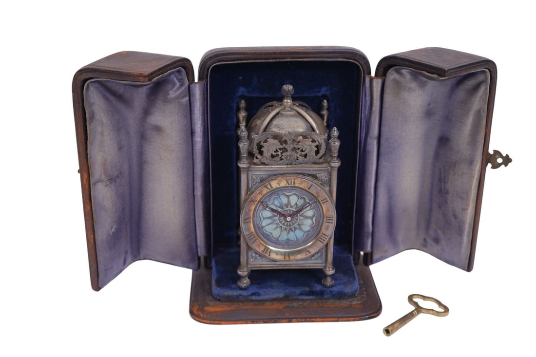 German Miniature Antique Lantern Clock in Case, With Key, 4"h x 1 3/4"square (Case is 5"h x 4"w) (1 of 11)