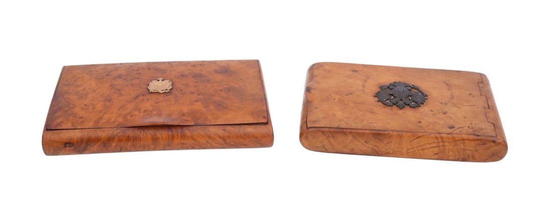 2 Antique European Burl Wood Cigarette Cases, Romanov Crests on The Lids, 4 1/2"h x 3 1/2"w Largest (1 of 11)