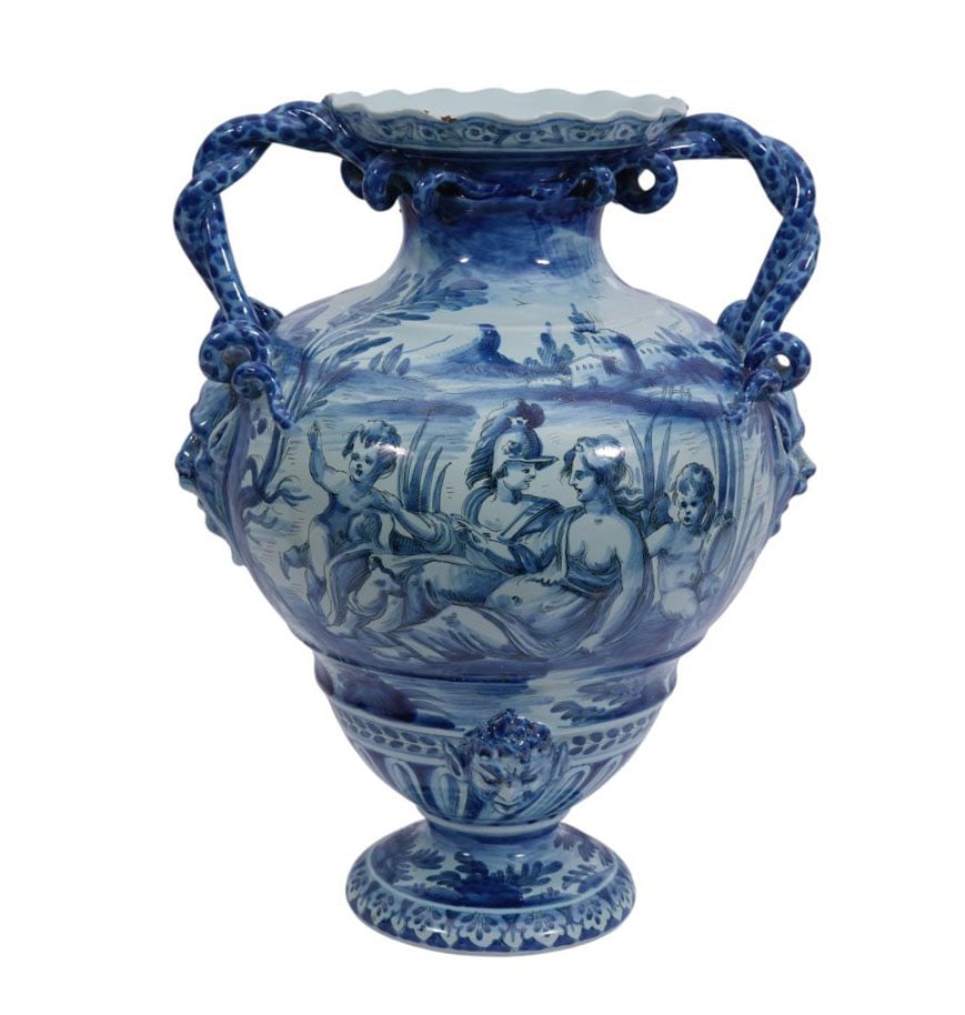 Italian Glazed Earthenware Vase, Mark of Rooster on Bottom, Cherub Scenes & Landscape, Masks With (1 of 12)