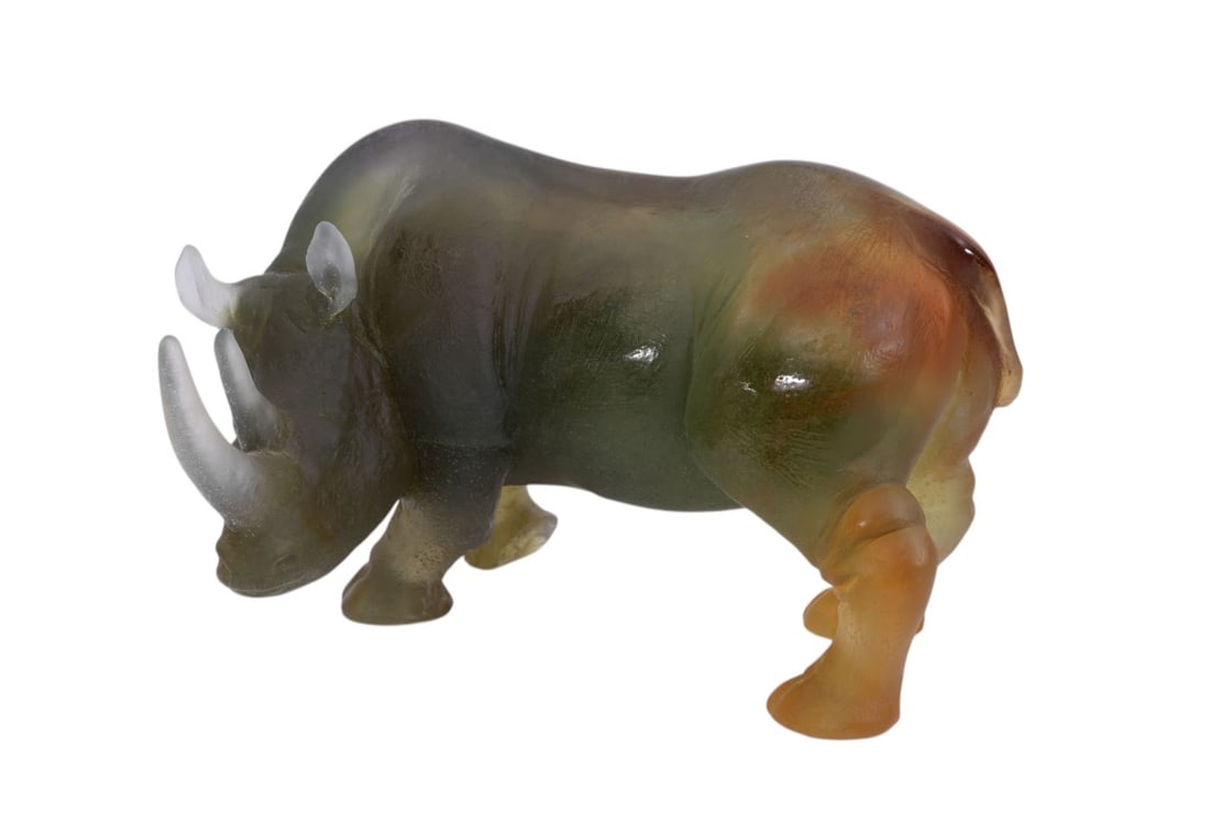 Large Daum France Crystal Grand Rhinoceros, executed in grey and amber pate de verre, his head (1 of 11)