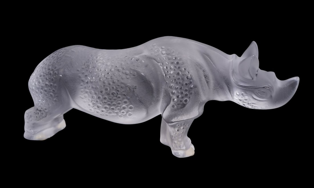 Lalique France Frosted Crystal Toba Rhinoceros, engraved 'Lalique (R) France', applied labels, 4.5" (1 of 9)
