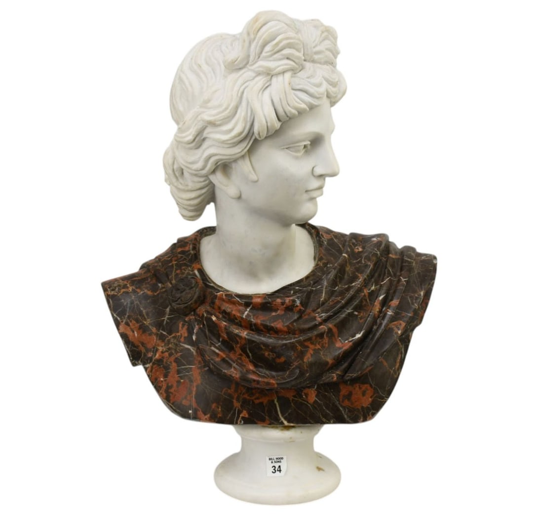 Marble Bust Sculpture Of Greek god Apollo, 20th c, 24"h x 19"w x 11"d (1 of 8)