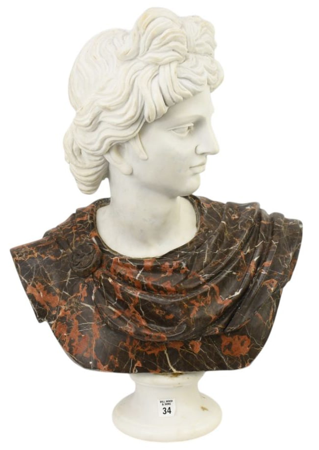 Marble Bust Sculpture Of Greek god Apollo, 20th c, 24"h x 19"w x 11"d (1 of 7)
