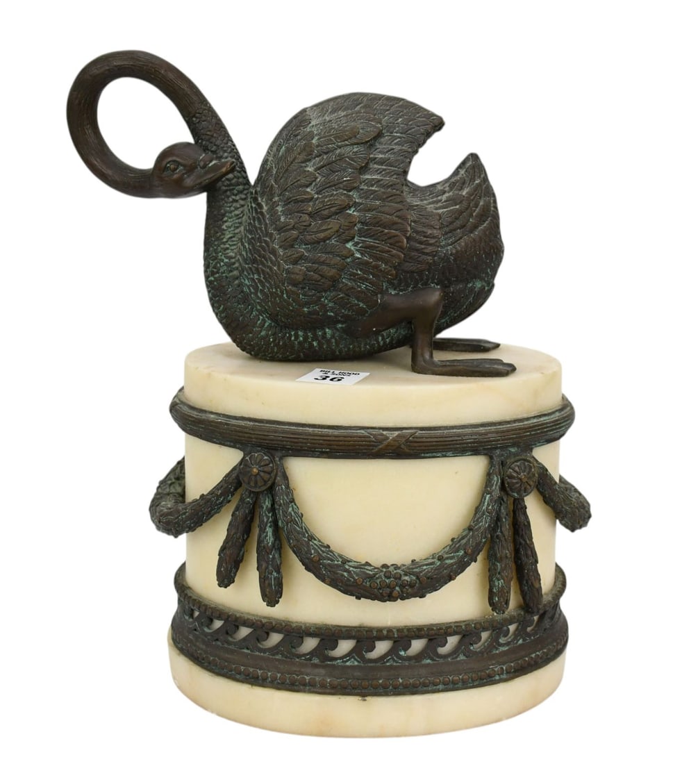 Antique Bronze Swan on Oval marble Plinth base With Swag Design, 11 1/2"h x 9"w (1 of 9)