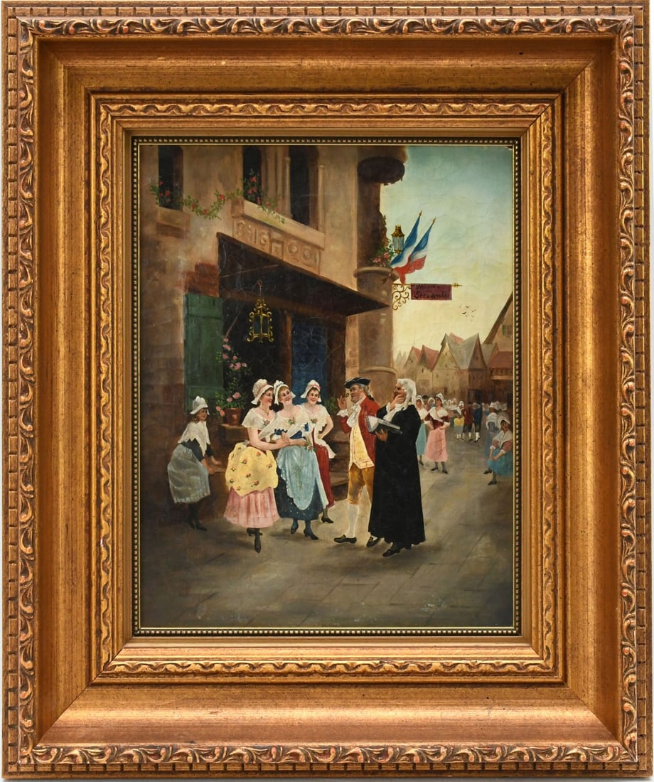 FRENCH SCHOOL (20th Century) Untitled Oil on canvas, Depicting a street genre scene in front of a (1 of 4)