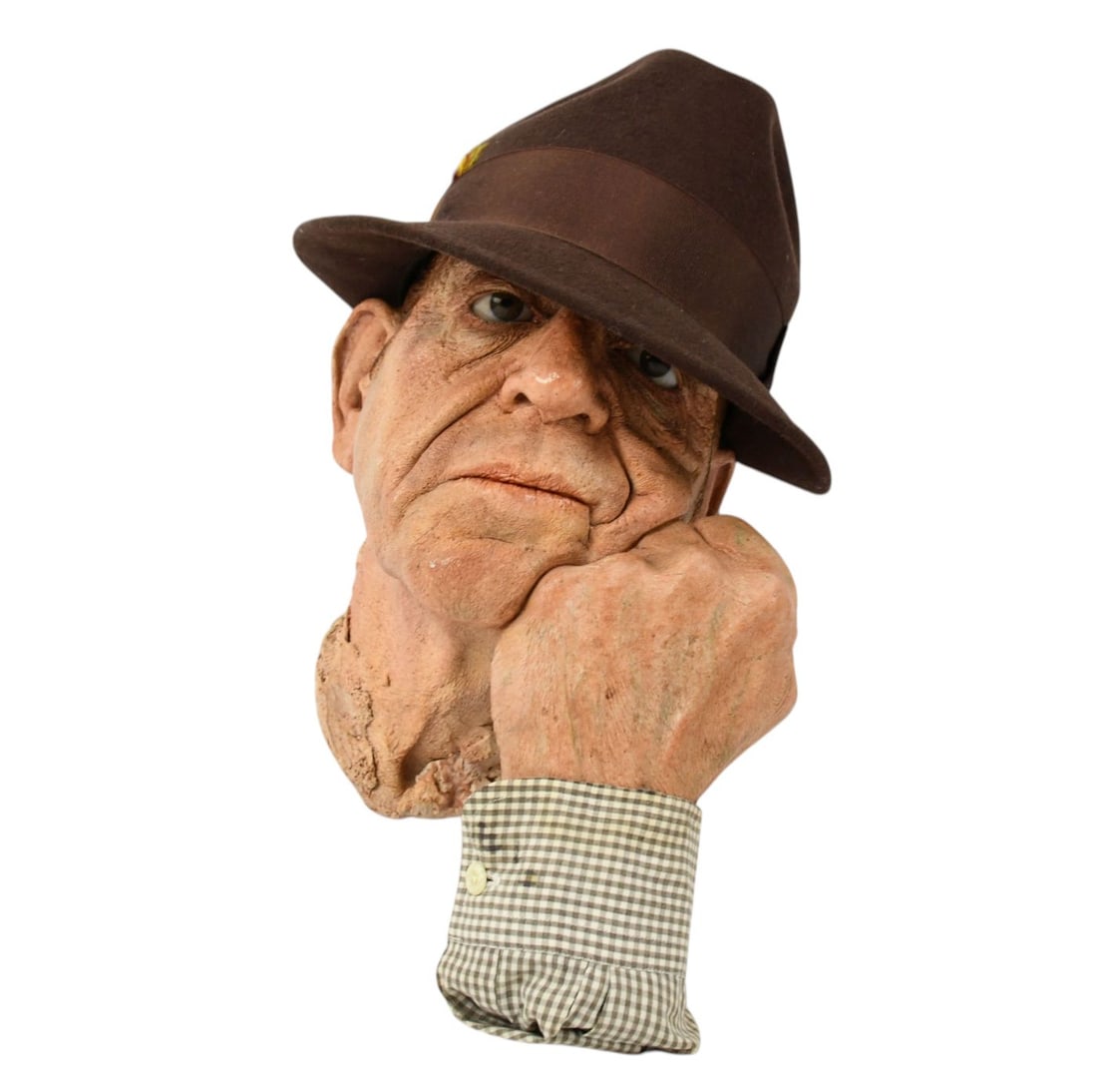 MARC SIJAN (Serbian-American b. 1946) 20th Century Untitled, Painted and enhanced plaster Portrait: MARC SIJAN (Serbian-American b. 1946) 20th Century Untitled, Painted and enhanced plaster Portrait of a Man with Hat