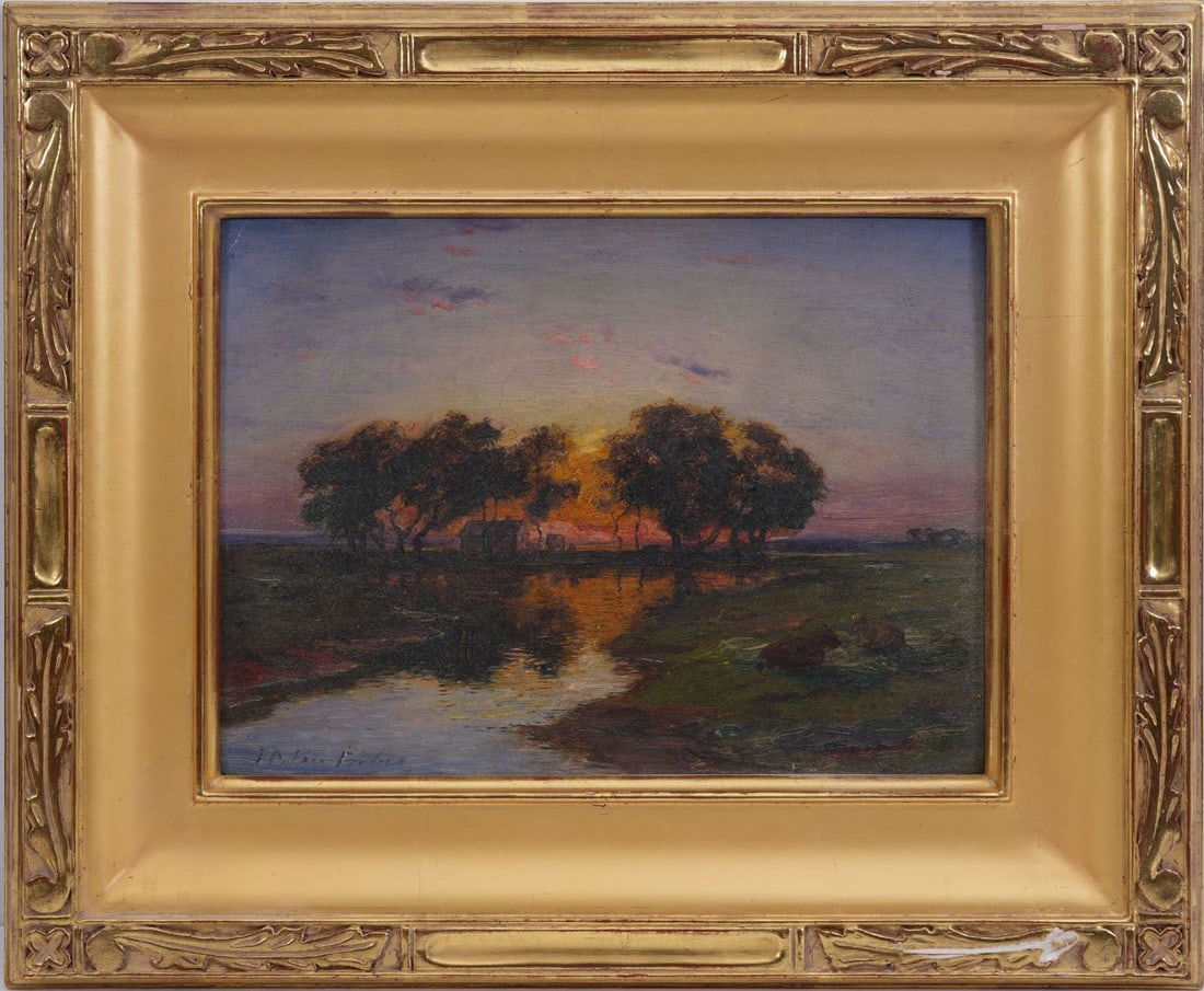 John C Forbes (Canada,1846-1925) oil on cardboard, farm scene- Sunset with water cottage and trees, (1 of 6)