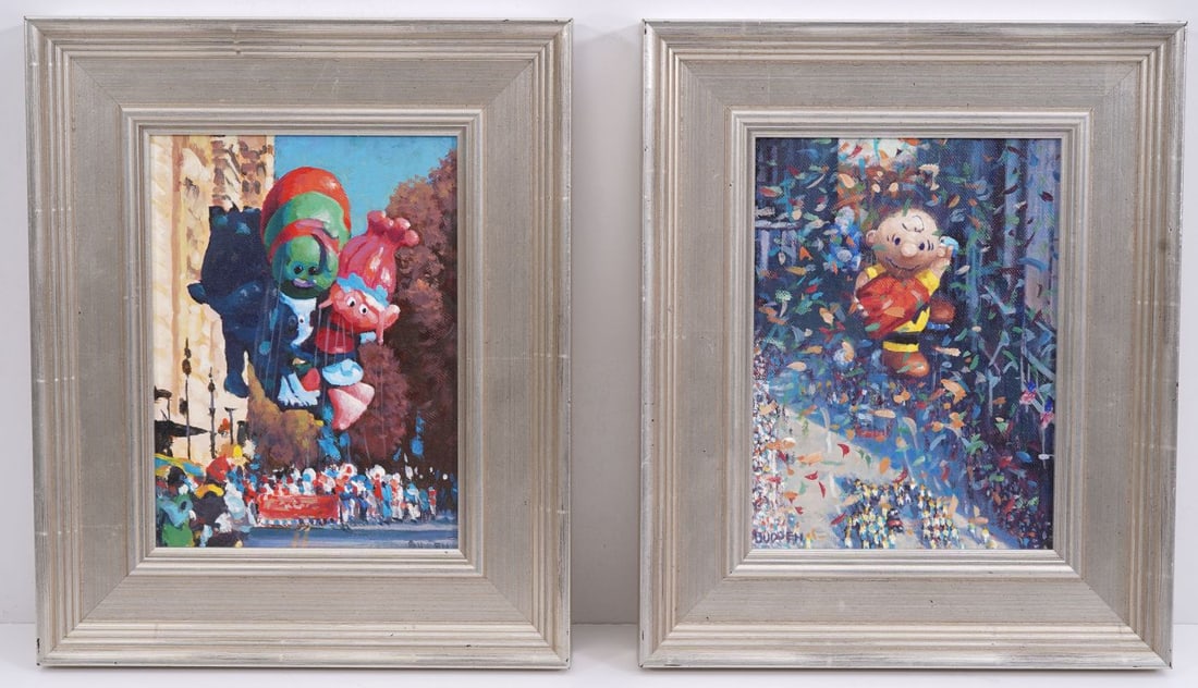 Michael Budden (American, b. 1957) pair of oil paintings of Macy’s day Parade Ballons, Trolls and: Michael Budden (American, b. 1957) pair of oil paintings of Macy’s day Parade Ballons, Trolls and Charlie Brown, circa 2020 oil on boards, pntgs. 8 x 6 inches. overall with frame 11-3/4 inches. 9-3/