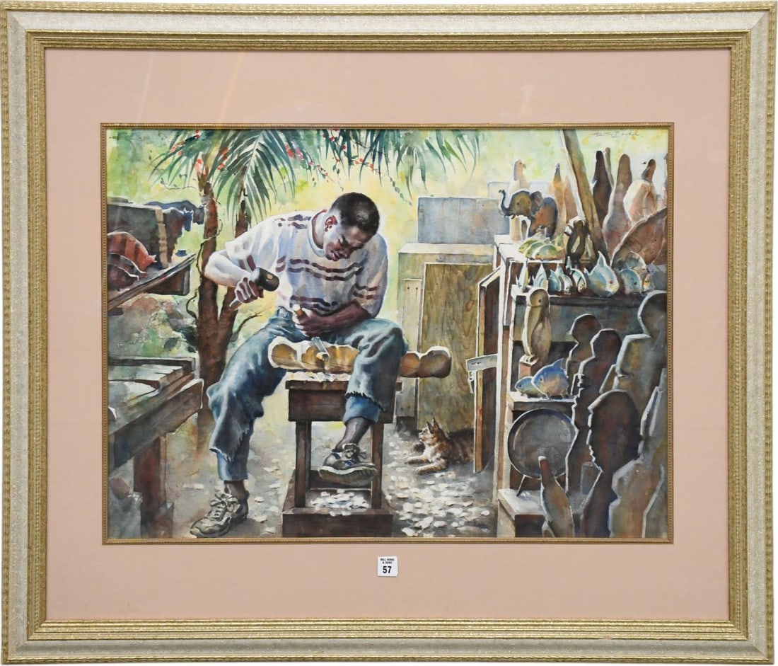 Large watercolor, Hunter Barker? Bahamas Painter: Woodworker 21 x 30 inches. overall frame size 34: Large watercolor, Hunter Barker? Bahamas Painter: Woodworker 21 x 30 inches. overall frame size 34 x 40 inches.