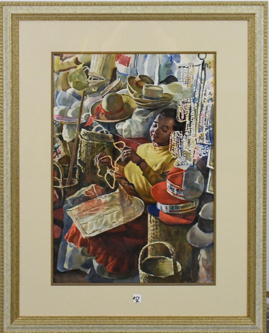 Large Watercolor Bahamian boy hat seller, hat seller is 28 x 19 inches. overall frame size 41 x 32: Large Watercolor Bahamian boy hat seller, hat seller is 28 x 19 inches. overall frame size 41 x 32 inches.