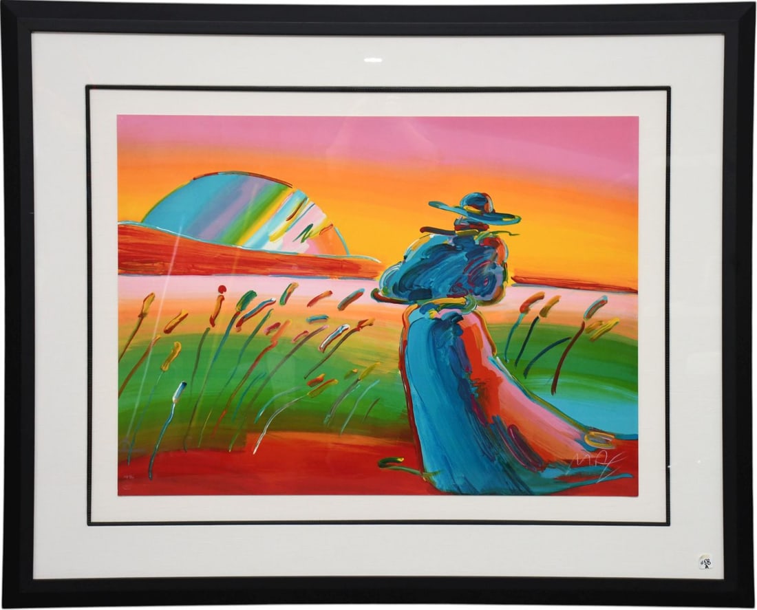 Peter Max Walking in Reeds ca 1992. limited edition MP 8/10 with a blind stamp lower left, and hand: Peter Max Walking in Reeds ca 1992. limited edition MP 8/10 with a blind stamp lower left, and hand signed Max lower right, sheet size 29-3/4 inches x 39-3/4 inches. overall frame size 47 1/2 x 57 1/2