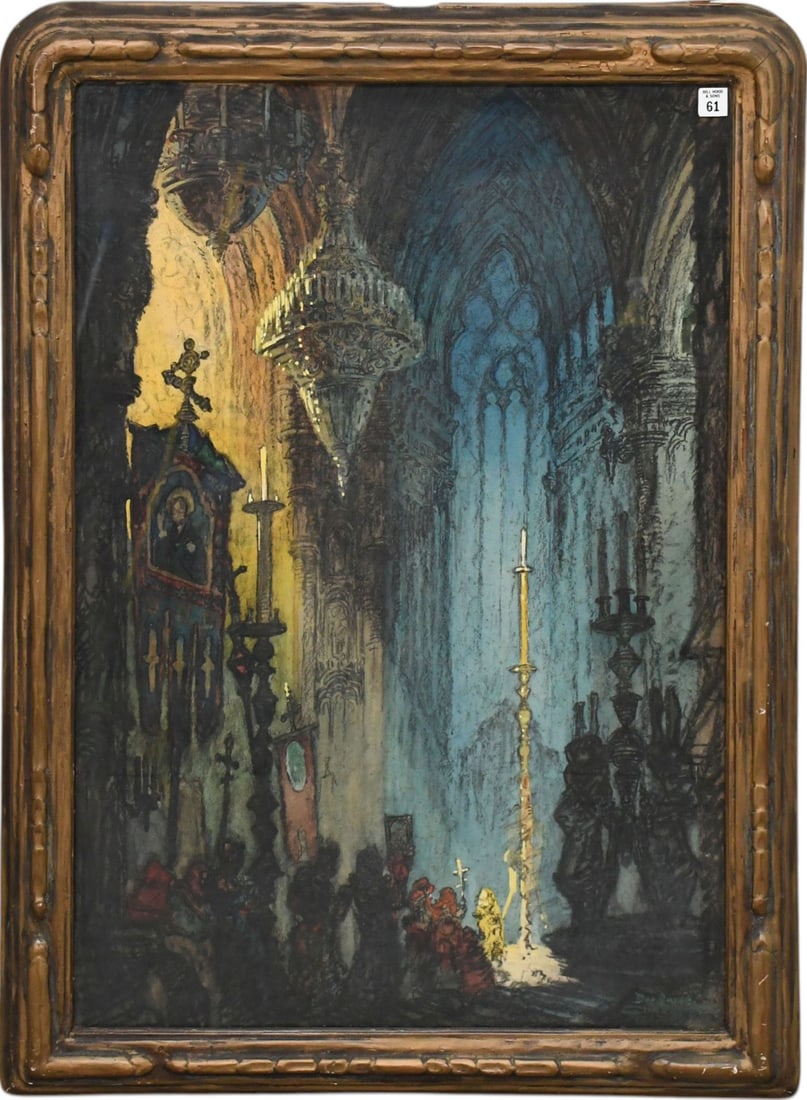 Daniel Sayre Groesbeck (American, 1878-1950) Pastel of a Church Interior. 35 x 23 1/2 inches.: Daniel Sayre Groesbeck (American, 1878-1950) Pastel of a Church Interior. 35 x 23 1/2 inches. overall frame size 40 x 29 1/2 inches