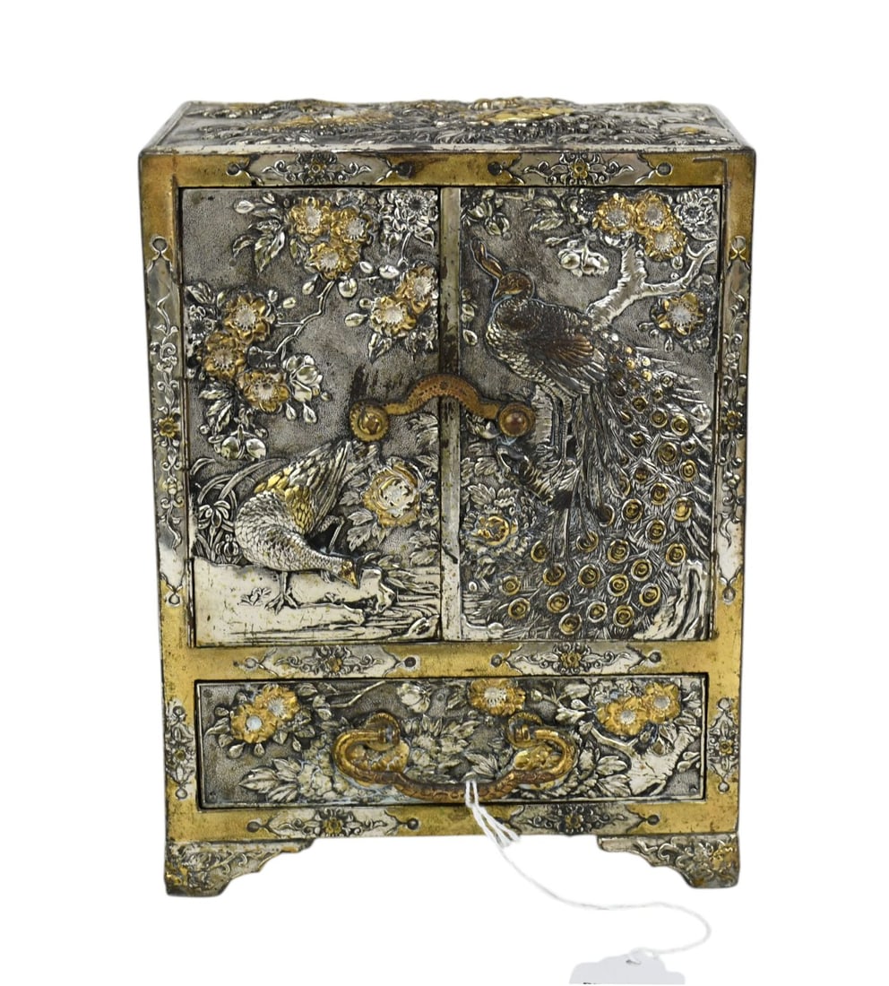 Vintage Japanese mixed metal jewelry box, pheasant and floral motif, nicely made with fitted wooded (1 of 8)