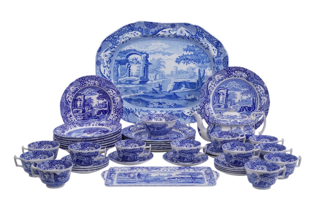 Spode Porcelain China Service, "Italian" Pattern, 7 Dinner Plates (10 1/2"dia), 8 Soups, 12 Saucers, (1 of 17)