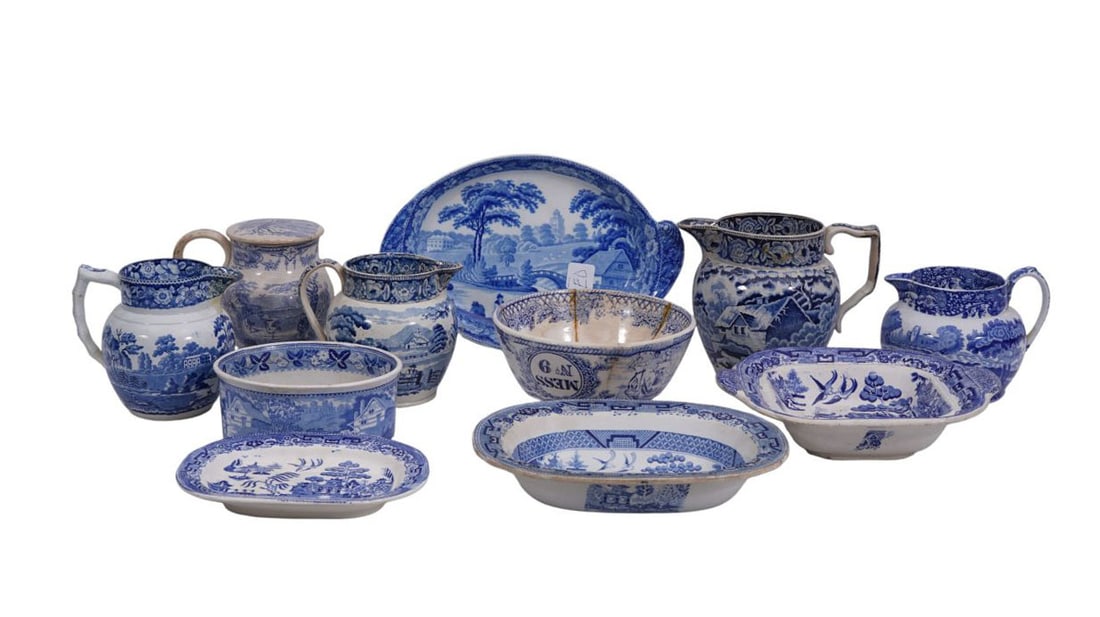 Lot of Antique Blue & White Tablewares, Largest Pitcher 6" x 7" (some chips/age cracks) (1 of 9)