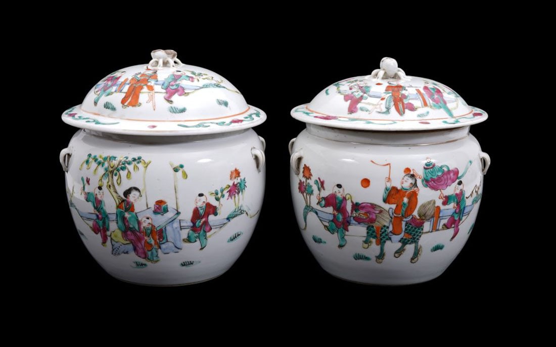 Pair of Asian Cachepots Depicting Boys At Play, Figures & Landscape Scenes, Each With Spider: Pair of Asian Cachepots Depicting Boys At Play, Figures & Landscape Scenes, Each With Spider Finials, 8"h x 8"w