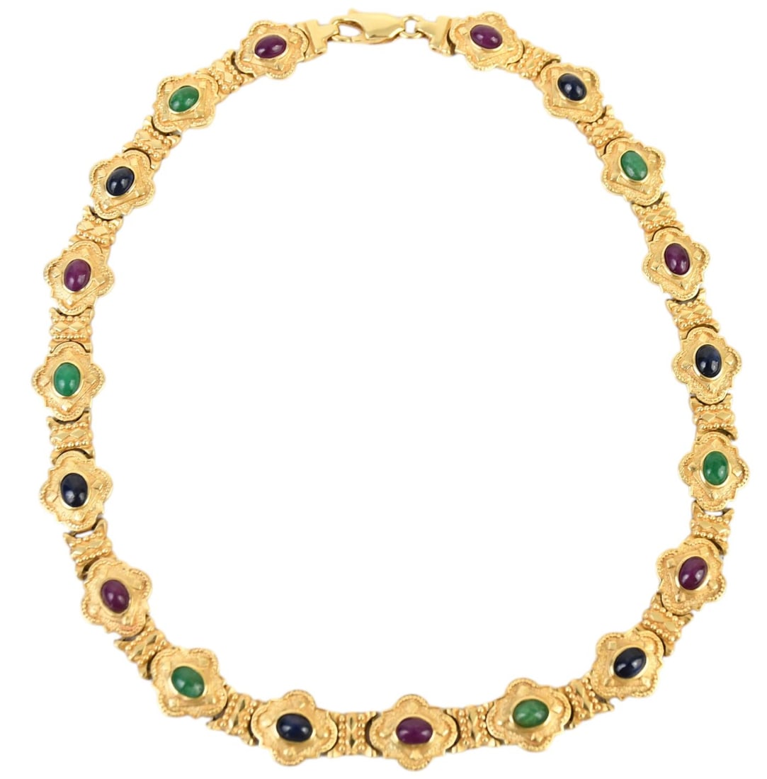 14K Yellow Gold Muli Cabochon Gemstones Necklace. Wt. 54.5 grams 16.5" (1 of 4)